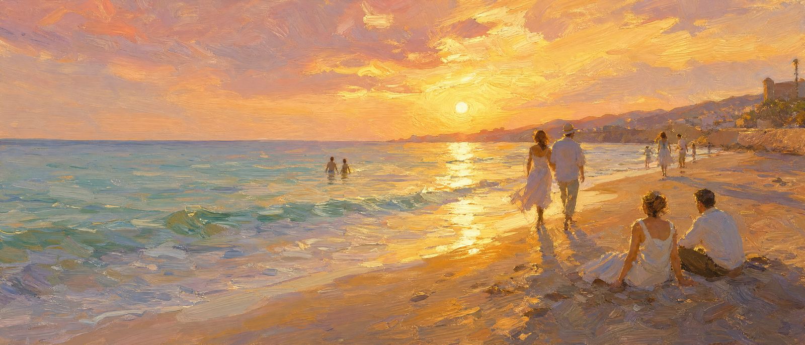 Oljemaleri av en spansk strand i solnedgang om sommeren: gyllen sand, turkist hav og folk som nyter kvelden ved vannkanten.