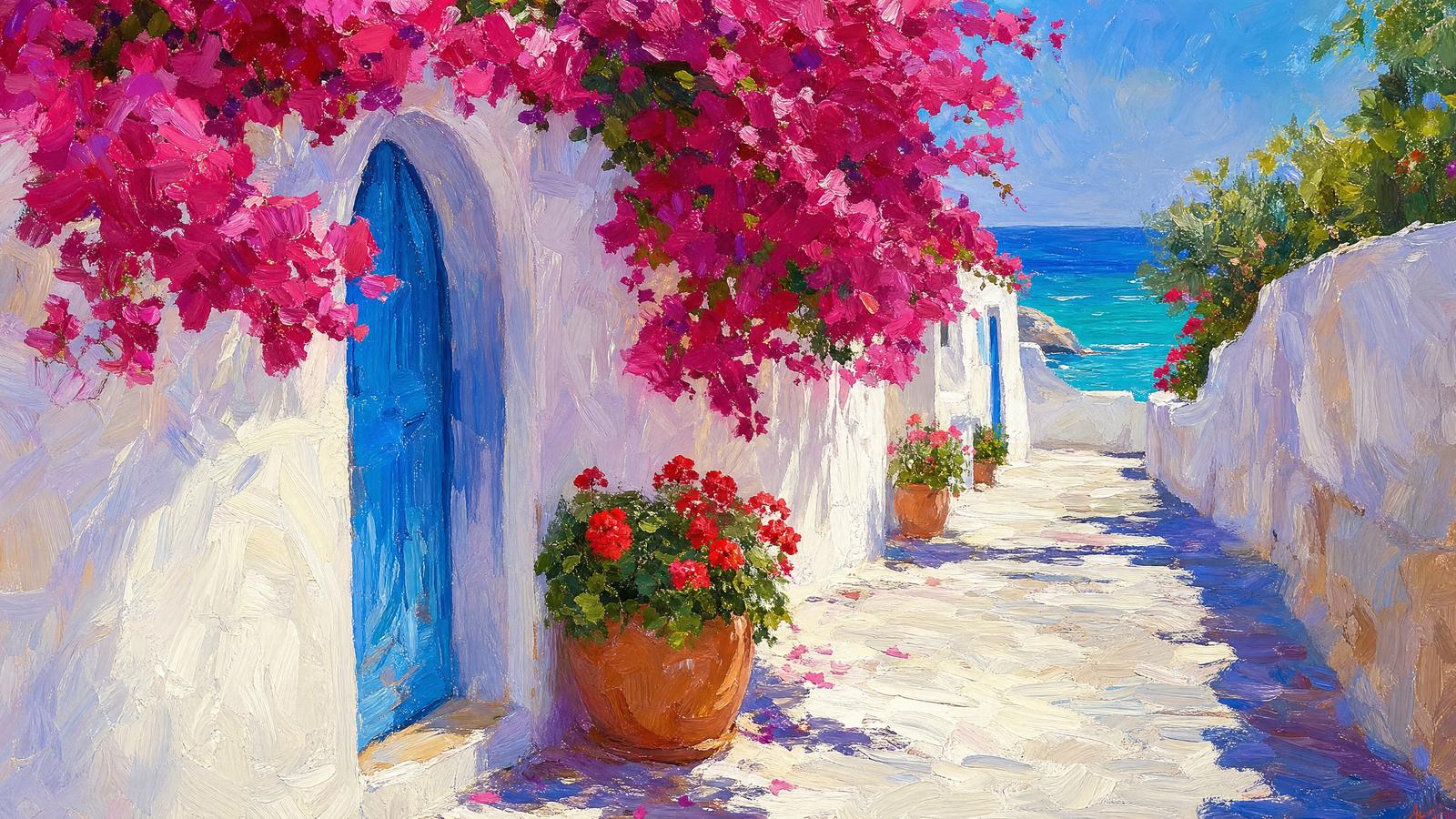 Oljemaleri av en hvitkalket spansk smågate med rosa bougainvillea, terrakottapotter og havet i enden.