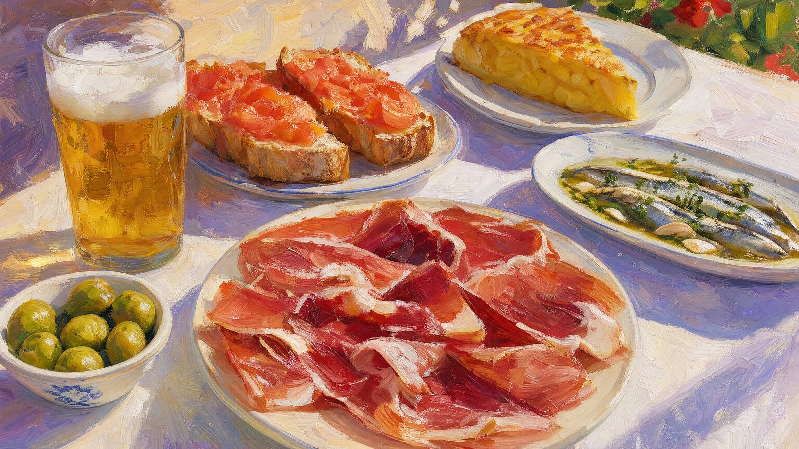 Oljemaleri av spanske tapas i sommersol: jamón, oliven, pan con tomate og en kald caña på en hvit duk.