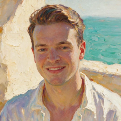 Malt portrett av Josep på en terrasse ved havet.